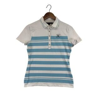 Tommy Hilfiger Polo‎ Shirt Womens Medium White Blue Striped Pique Short Sleeve